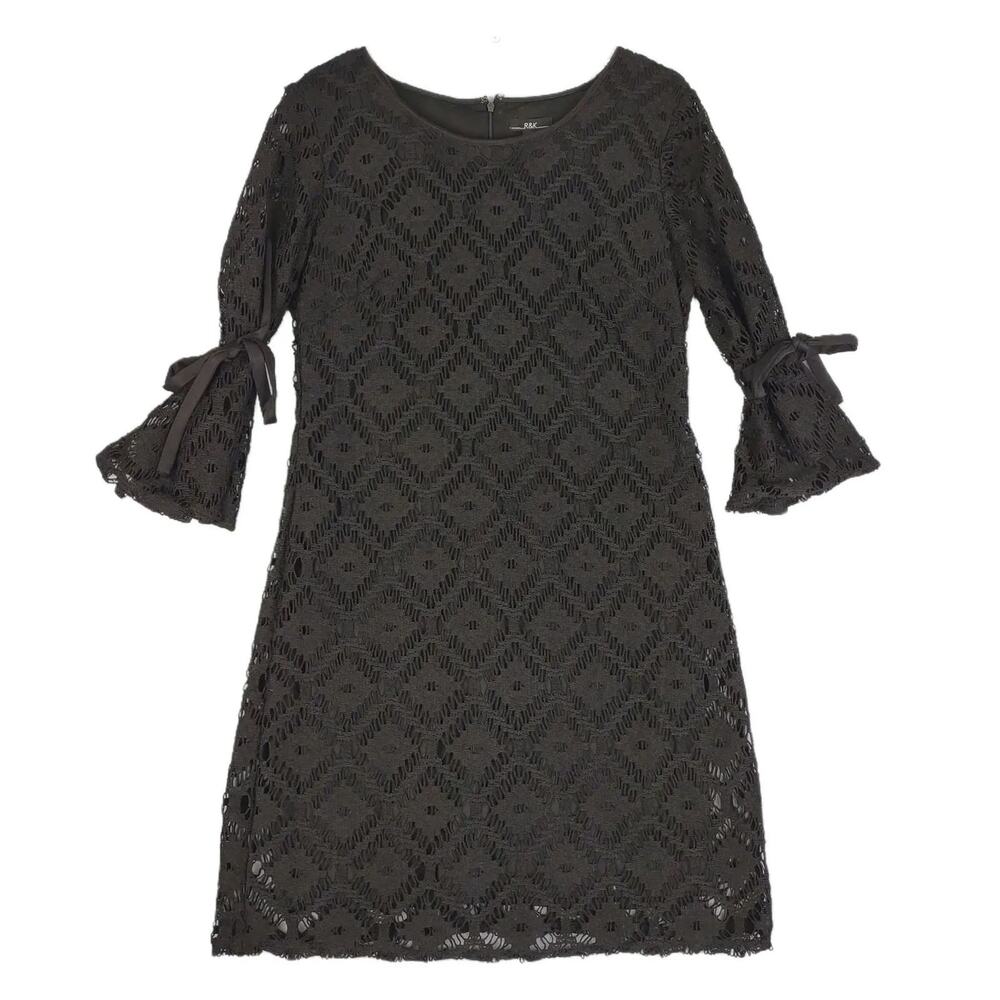 R&K Sz 10 Black Geometric‎ Lace Tied Bell Sleeve Shift Dress, Gothic Punk Grunge